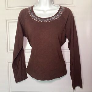 Brown Cotton Beaded Sequin Long Sleeve Top